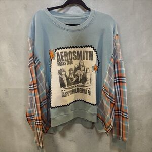 Aerosmith Rocks Tour Graphic Pullover Sweatshirt - Light Blue with Plaid Sleeves